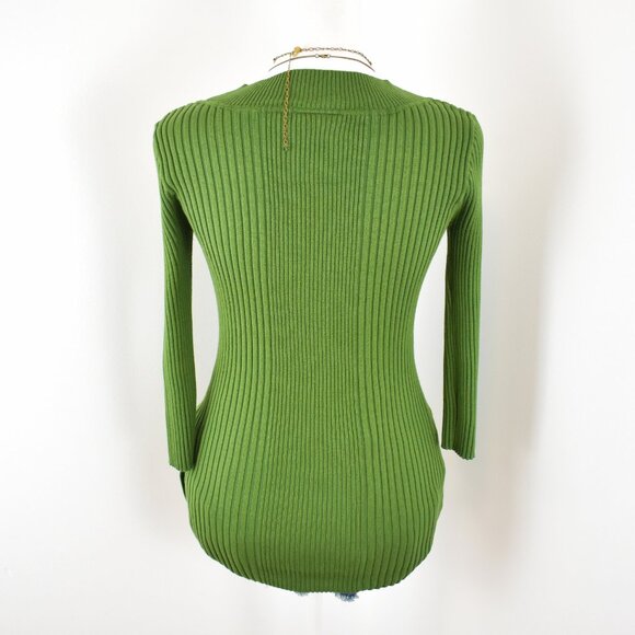 VTG 00s Y2K It's Our Time Green Rib Knit V-Neck 3/4 Sleeve Sweater Sz Medium - Picture 3 of 7